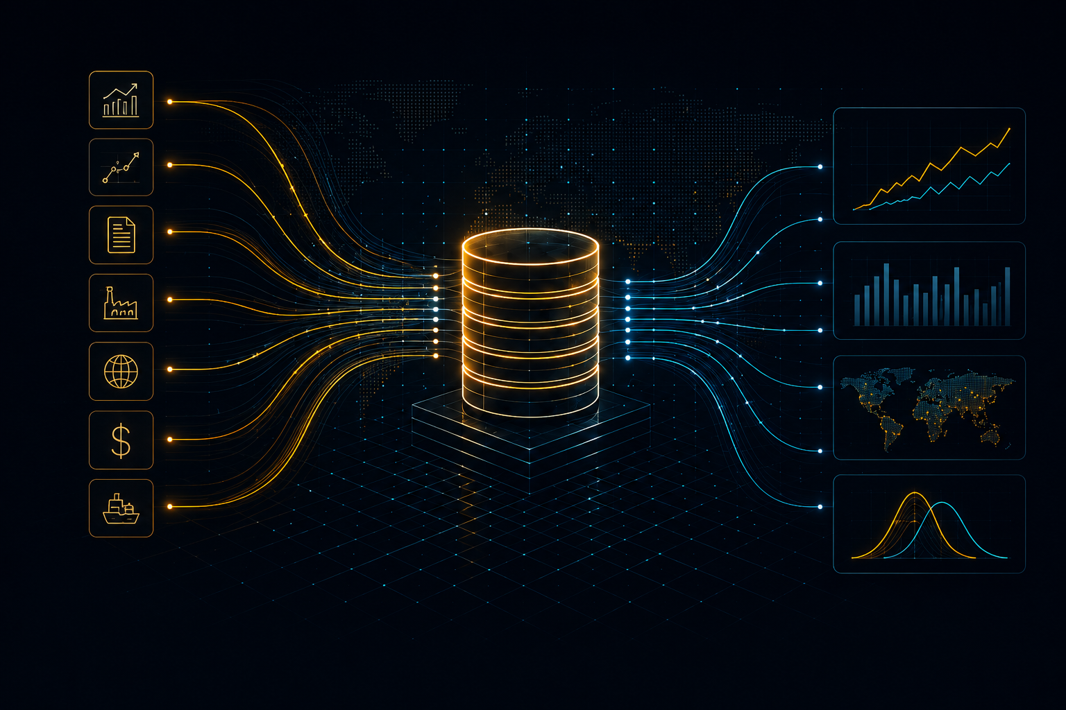 Input data flows into the proprietary database and out to forecasts, charts, world maps and distributions