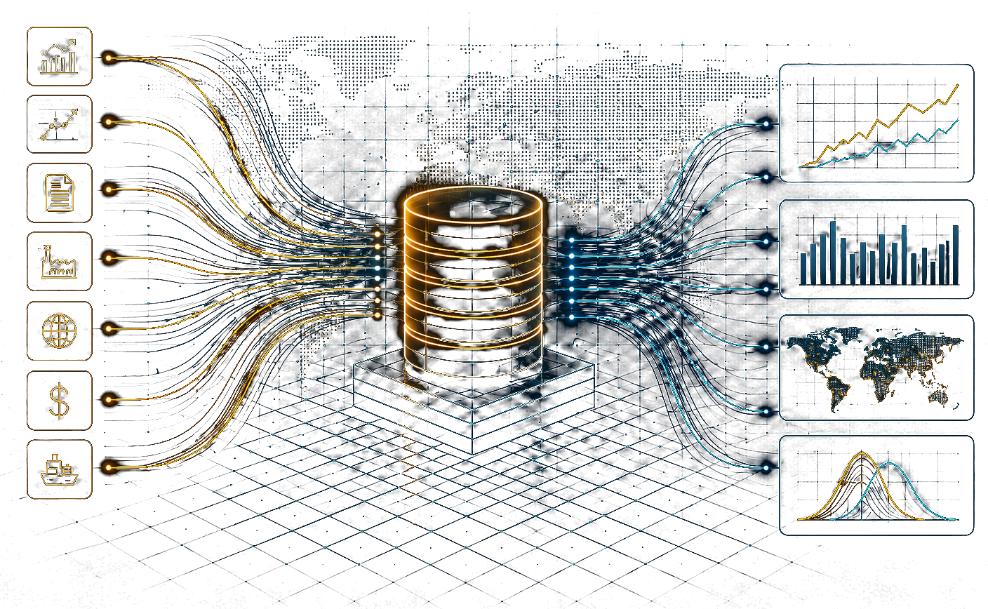 Diverse input sources flow into a central database and out to forecasts, charts, world maps and distributions