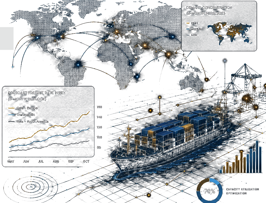 Container ship, global trade routes and freight rate forecast visualization
