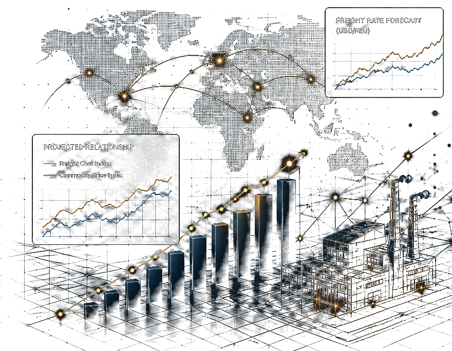 Rising freight-cost forecast, factory and global trade routes visualization