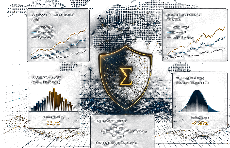 Risk analytics dashboard: commodity price forecast, freight rate forecast, volatility and exposure metrics